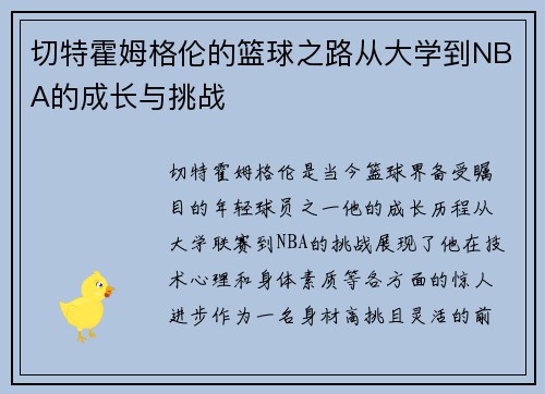 切特霍姆格伦的篮球之路从大学到NBA的成长与挑战