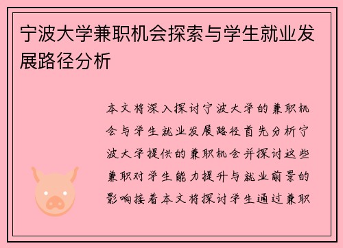 宁波大学兼职机会探索与学生就业发展路径分析
