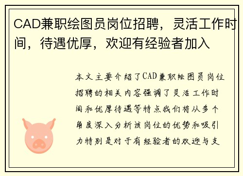CAD兼职绘图员岗位招聘，灵活工作时间，待遇优厚，欢迎有经验者加入