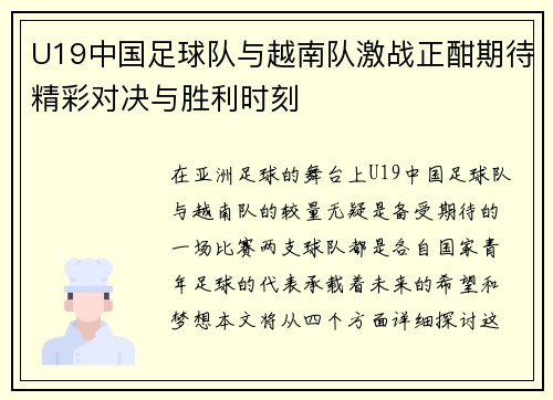 U19中国足球队与越南队激战正酣期待精彩对决与胜利时刻
