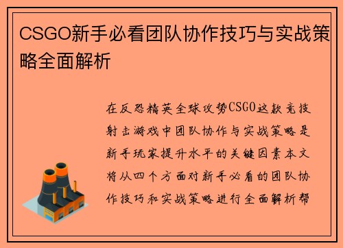 CSGO新手必看团队协作技巧与实战策略全面解析
