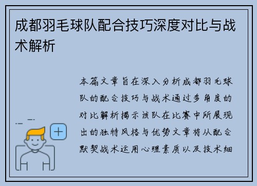 成都羽毛球队配合技巧深度对比与战术解析