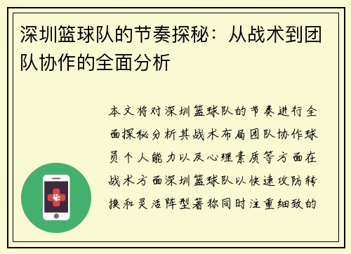 深圳篮球队的节奏探秘：从战术到团队协作的全面分析