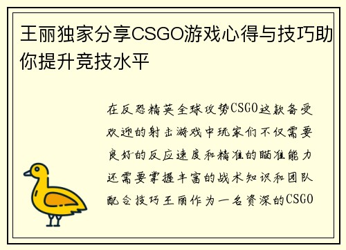 王丽独家分享CSGO游戏心得与技巧助你提升竞技水平