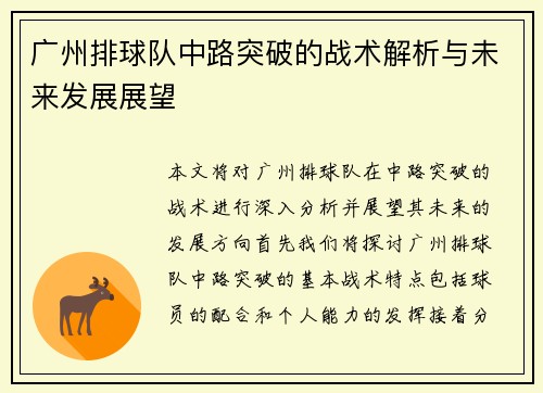 广州排球队中路突破的战术解析与未来发展展望