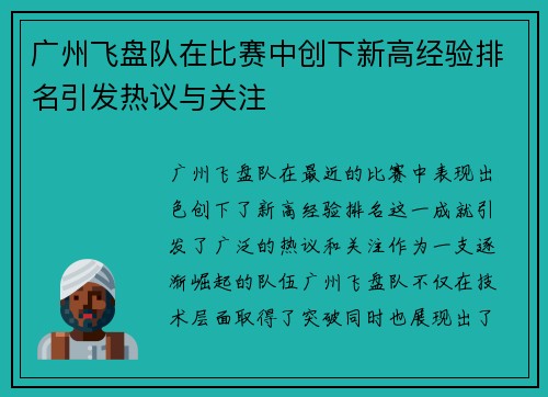 广州飞盘队在比赛中创下新高经验排名引发热议与关注