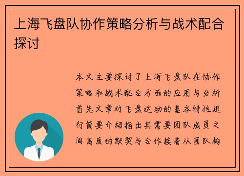 上海飞盘队协作策略分析与战术配合探讨